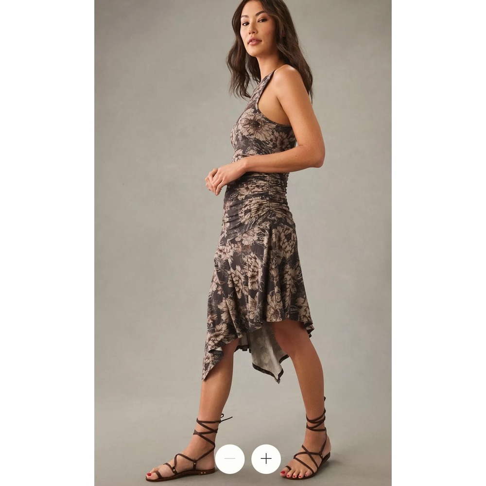 Daily Practice by Anthropologie Printed Ruched Asymmetrical Dress Brown Floral M
